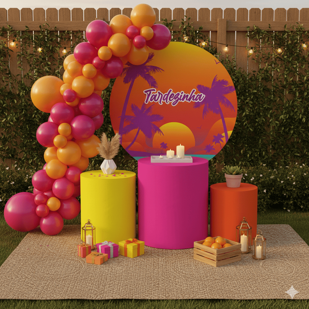 Capas Painel Redondo e Trio Cilindros Tardezinha Cores Vibrantes Decoração Festa Adulto Oferta