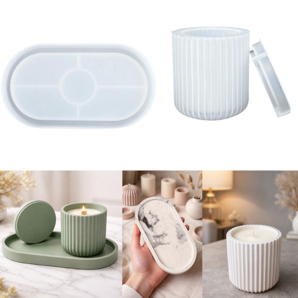 Kit Formas Silicone de Bandeja + Pote de Cimento e Resina com Tampa Geométrico em Oferta na Shopee