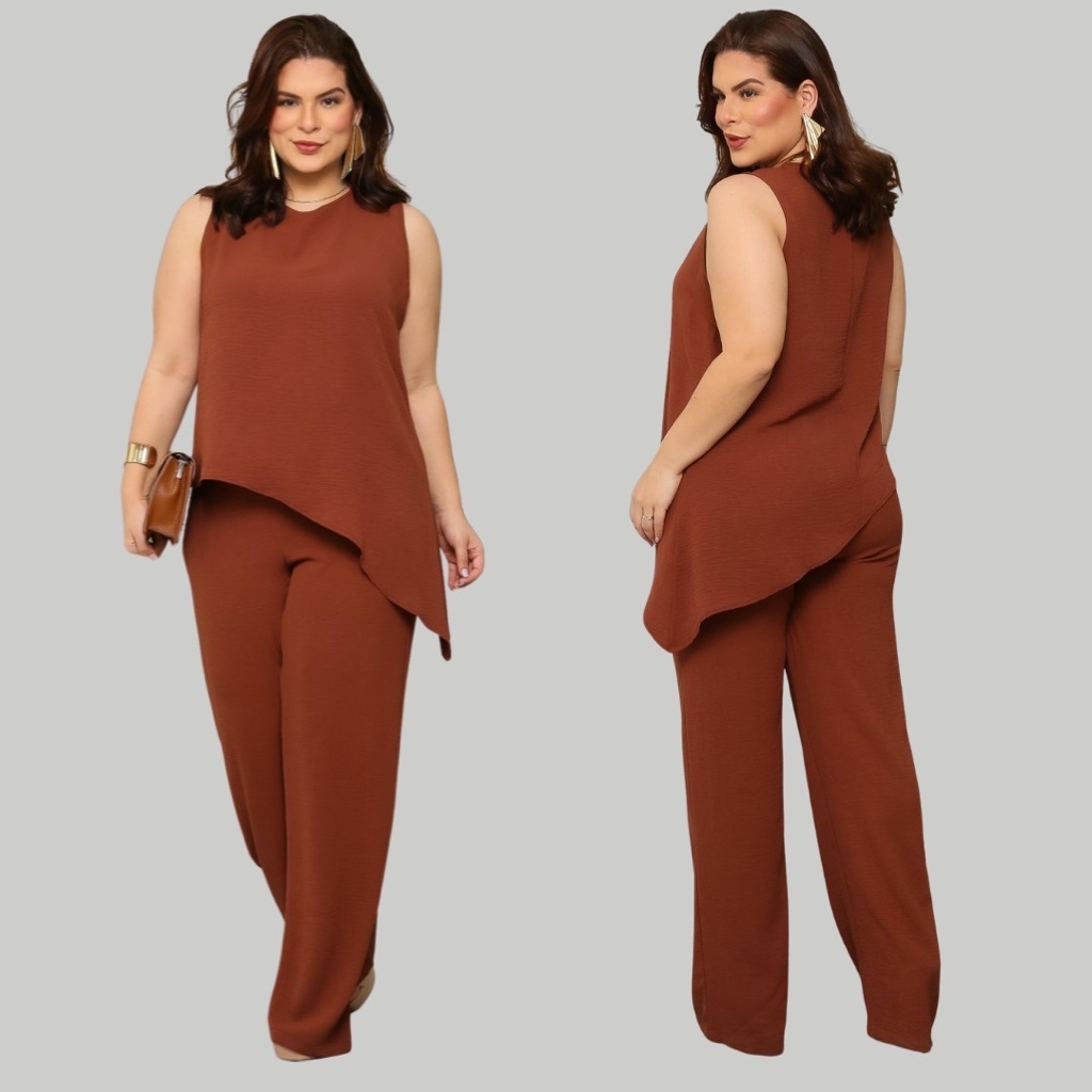 Conjunto Feminino Plus Size Preto Azul Casual Blusa Regata Bainha Assimétrica Calça Pantalona Leve