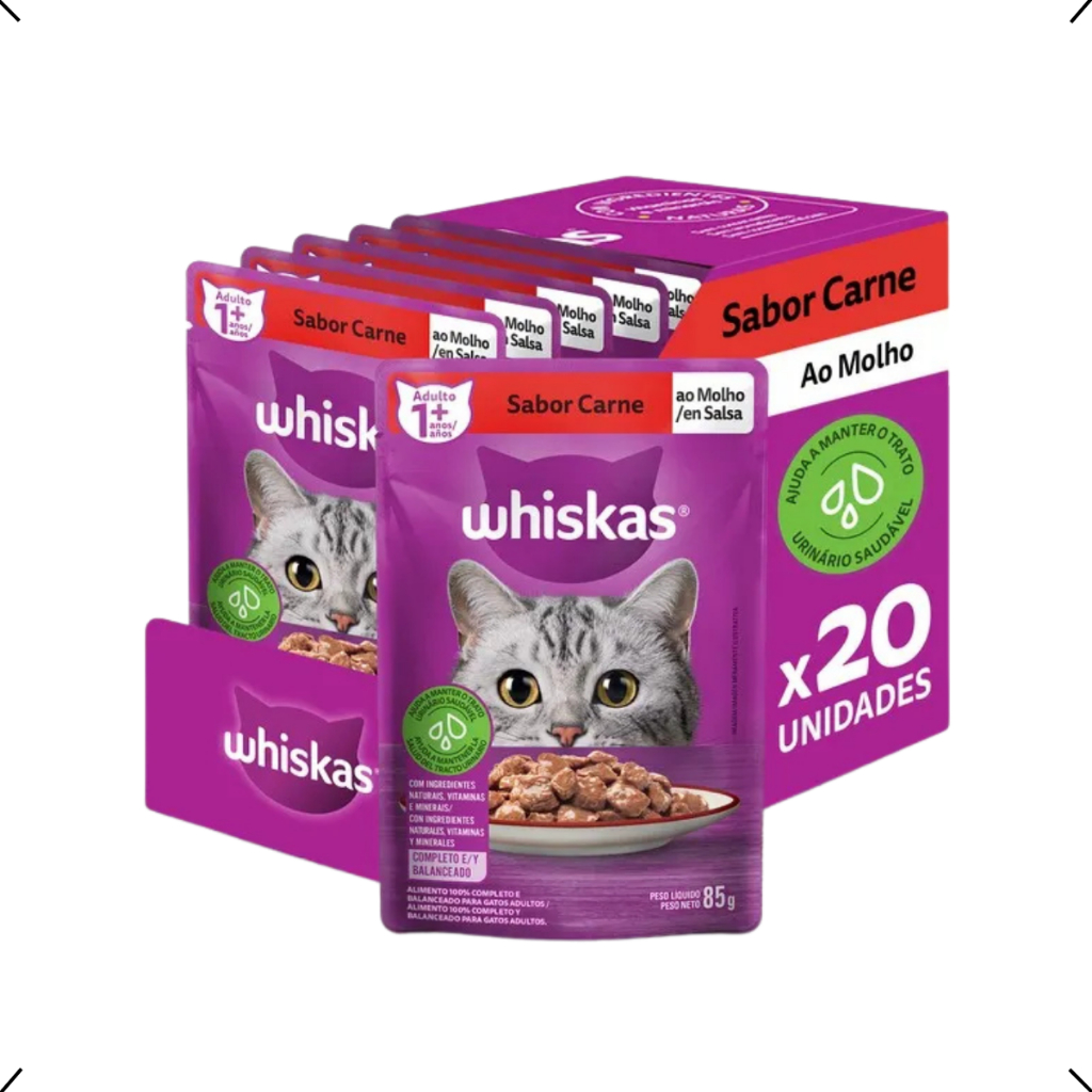 CAIXA SACHE WHISKAS GATO ADULTO CARNE 85G 20UN em Oferta na Shopee