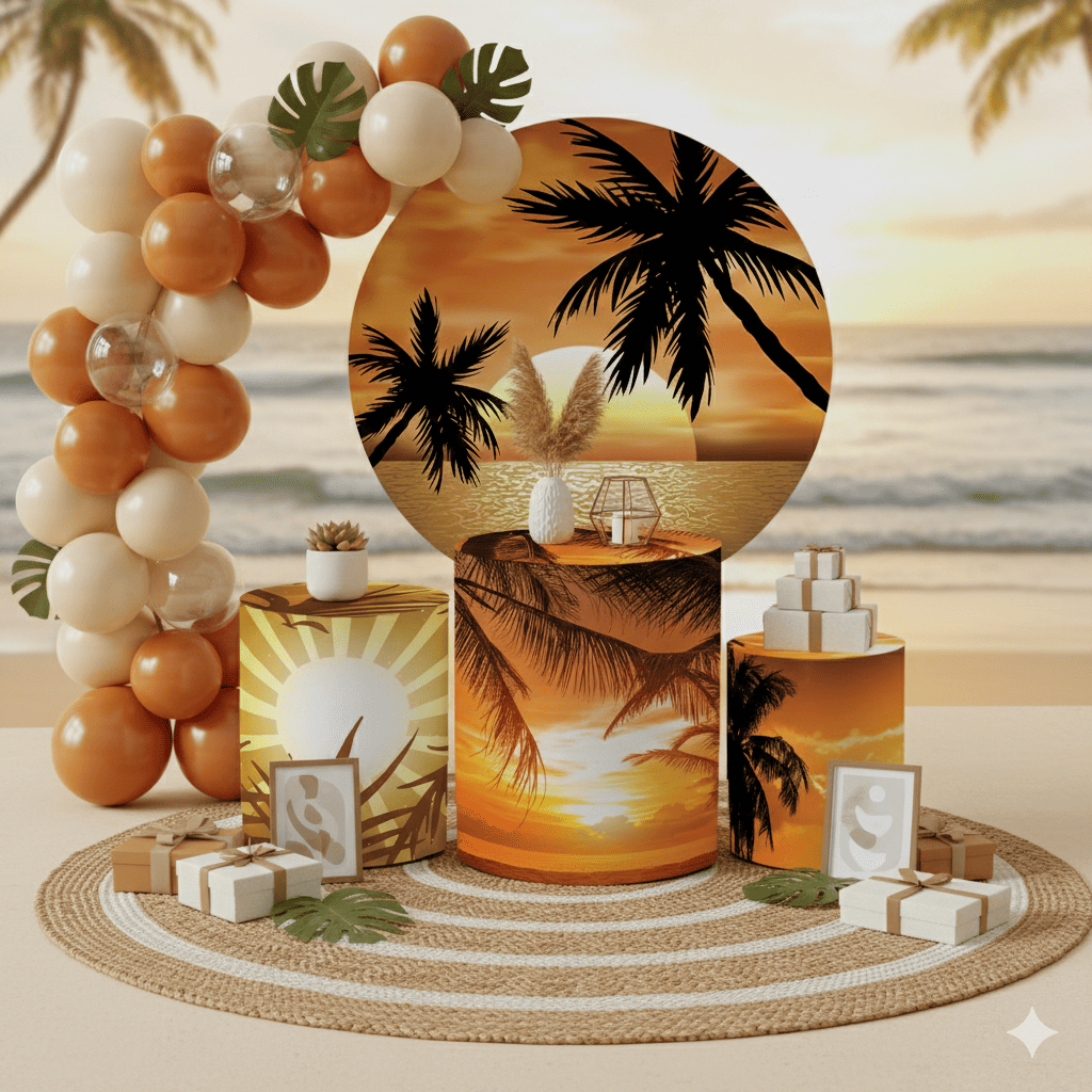 Capas Festivas Helanca Painel Redondo e Cilindros Tardezinha Pôr do Sol Dourado Festa Oferta