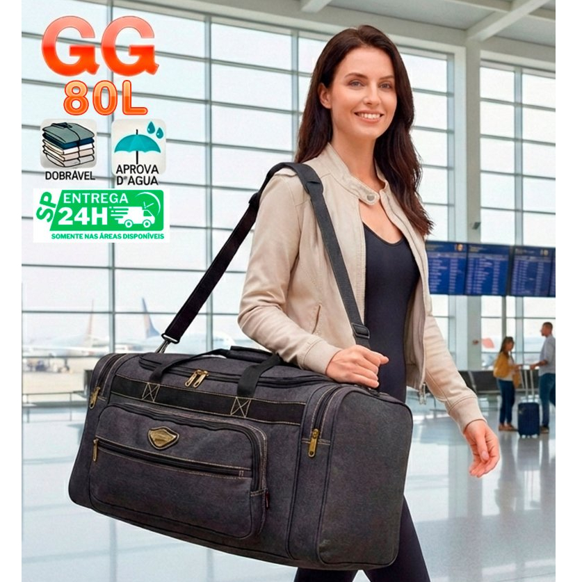 80L - Bolsa De Viagem Extra Grande Lona Reforçada Resistente e Confortável - 80 Litros e 75cm Denlex