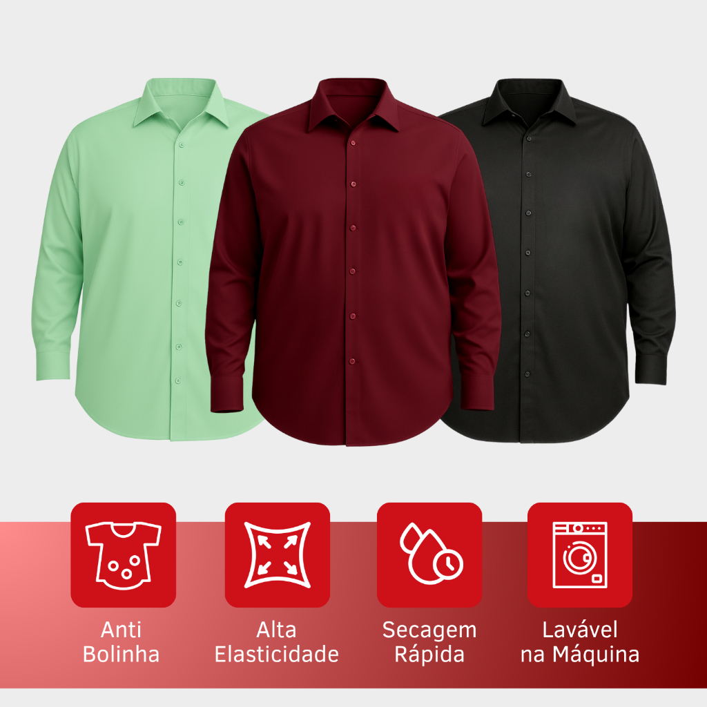 Kit 2 Camisa Masculina Social Manga Longa Slim Lisa Plus Size