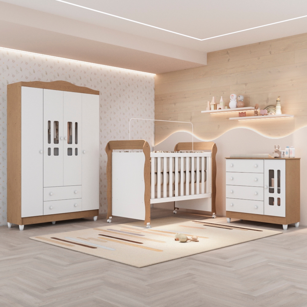 Quarto Bebê Completo Berço Americano Marquesa Mini Cama Guarda Roupa 4 Portas Cômoda 1 Porta 100%MDF em Oferta na Shopee