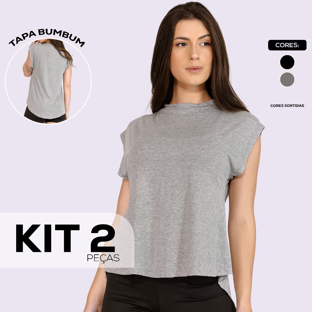 Kit 2 Blusas Sobre Legging Feminina Tapa Bumbum Longa Fitness Manga Curta Dyeu Modas