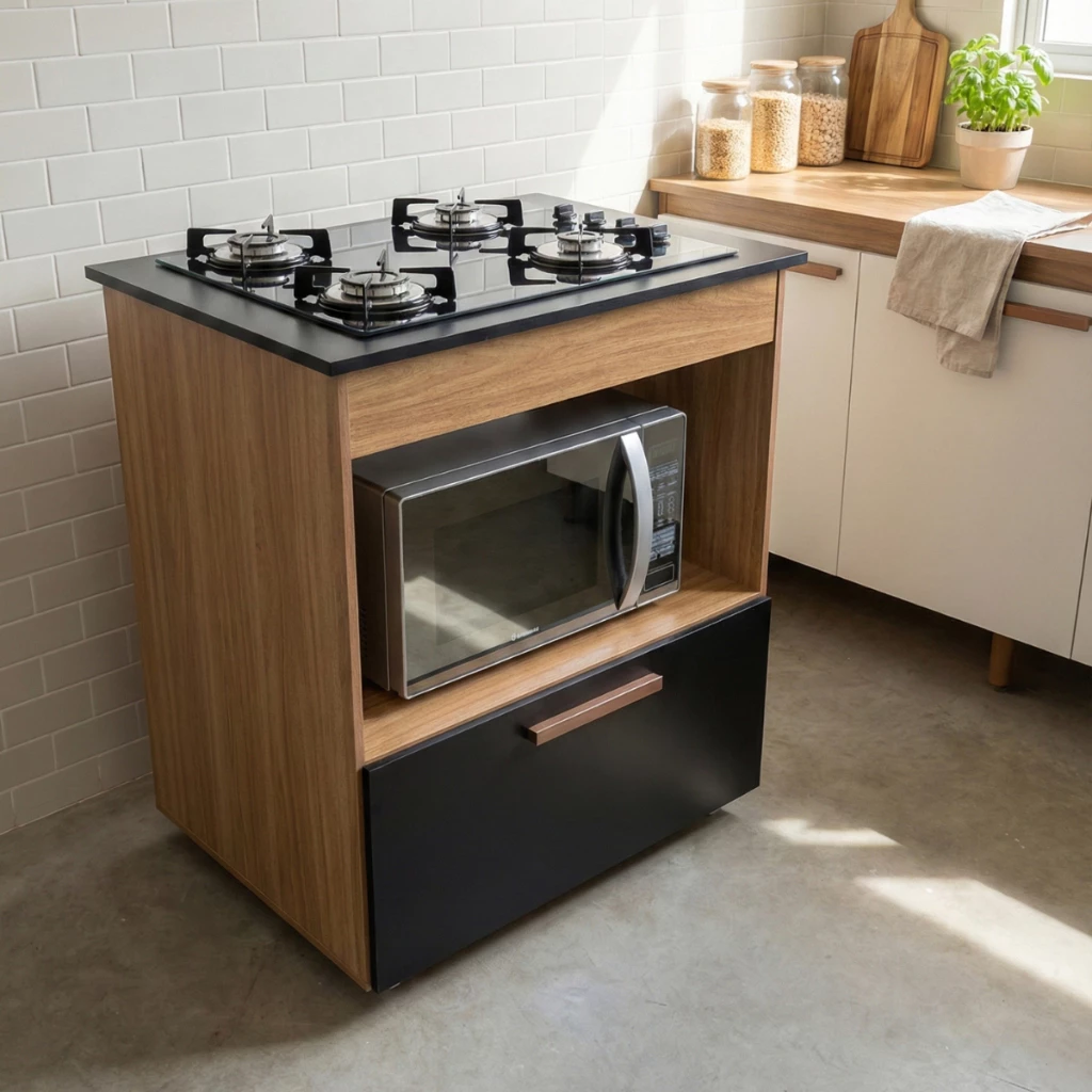 Balcão Isa Cooktop 5 Bocas Cozinha Moderna Compacta Gabinete Armário Fogão Suporte Microondas Porta — imagem 1