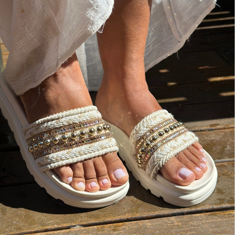 Birken Sandália Feminina Plataforma Baixa Luxuosa em Strass e Tiras Tramas