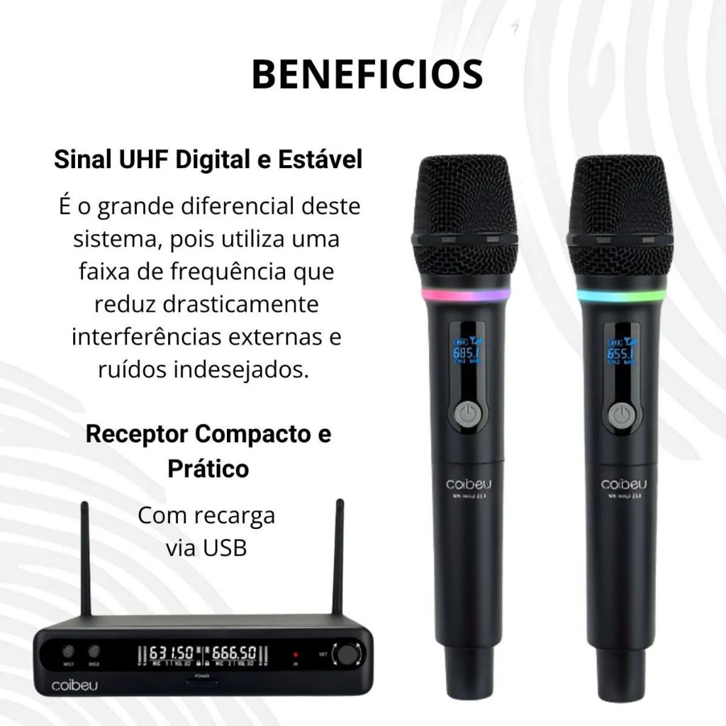 2 Microfones Sem Fio Profissionais Com Receptor UHF RGB Display Digital USB Para Palestras Eventos Shows - Coibeu