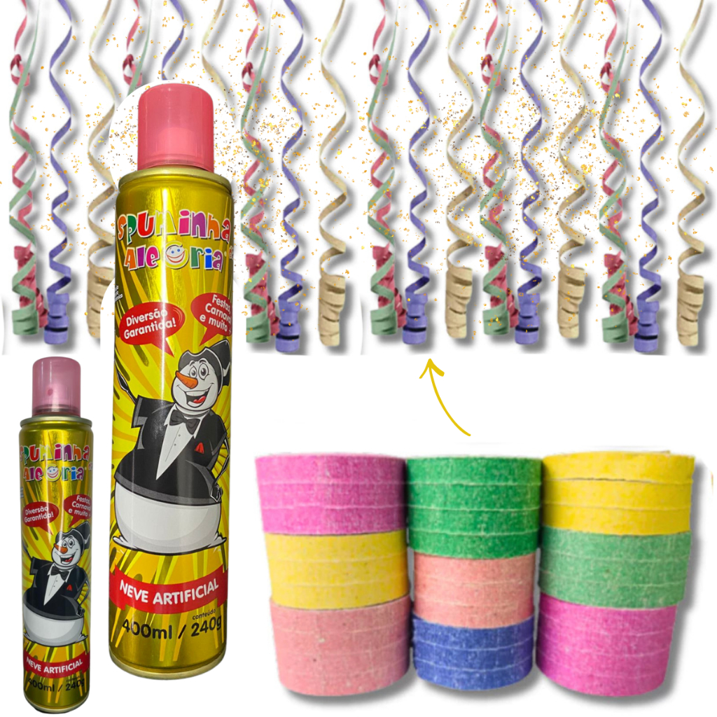 Kit 1 Espuma Spray Neve + 1 Rolos Serpentina Carnaval Folia Crianças Brincadeiras Festa Aniversário