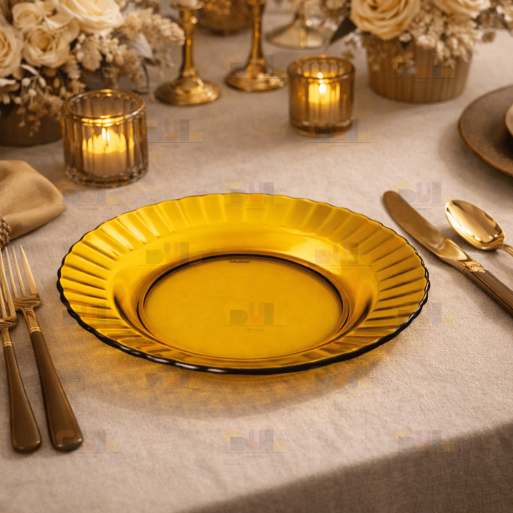 Jogo de Prato de VIDRO 12 PEÇAS Pratos AMBAR TRABALHADO Marrom Mesa Cozinha Restaurante Bufet Servir