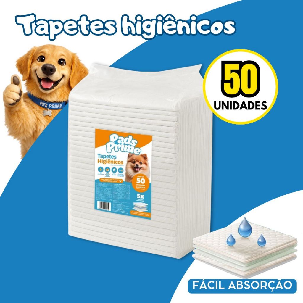 Tapete Higiênico para Cães 60x50cm 50 ou 100 Unidades Pads Prime