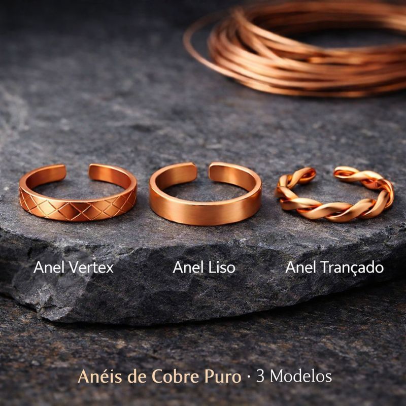 Anel de Cobre 100% Puro Unissex Ajustável | Modelo Liso, Trançado ou Vertex em Oferta na Shopee