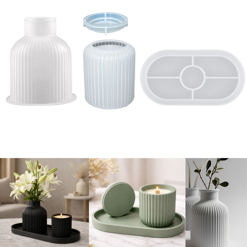 Combo Moldes Silicone para Artesanato – Vaso + Pote Riscado + Bandeja Oval | Gesso Resina em Oferta na Shopee