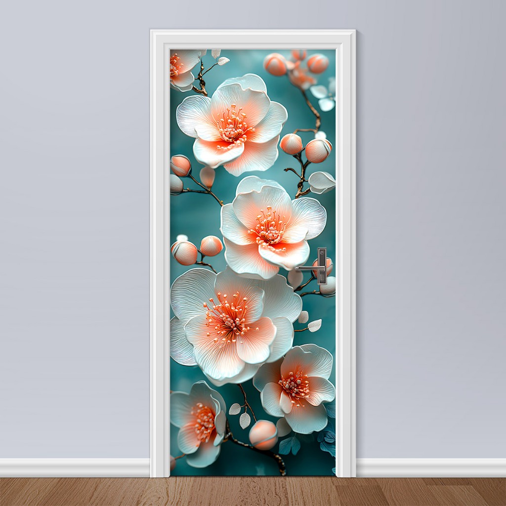 Adesivo de porta Sakura Flor De Cerejeira Branca Fundo Azul Turquesa Decorativo Quarto Vinil