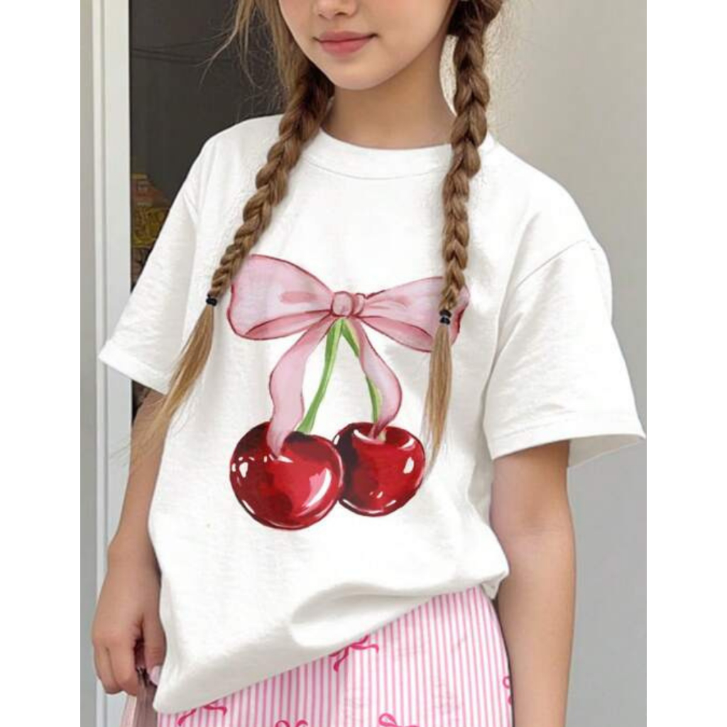 Roupa Infantil Menina Blusinha Estampada Cherry Modinha Shopping Camiseta Luxo Algodão Manga Curta em Oferta na Shopee