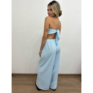 Conjunto Feminino Listrado Verão Top Faixa + Calça Pantalona em Oferta na Shopee