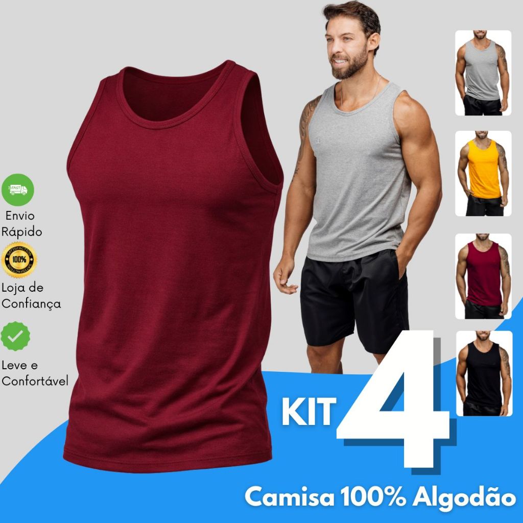 Kit 4 Regatas de Algodão Masculina Básica em Oferta na Shopee
