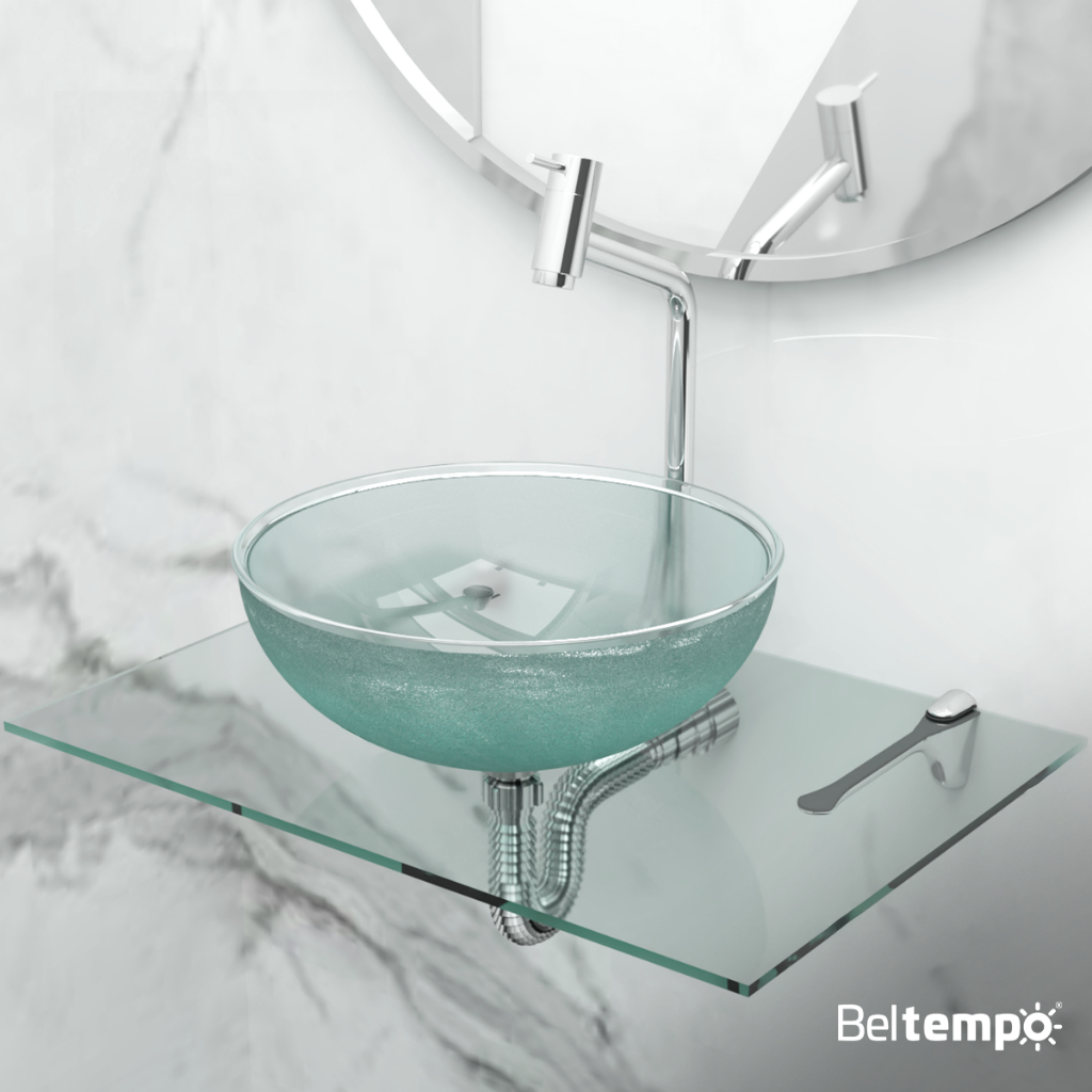 Kit Lavatório de Vidro Suspenso 50x35 com Cuba de Apoio 29cm Beltempo em Oferta na Shopee