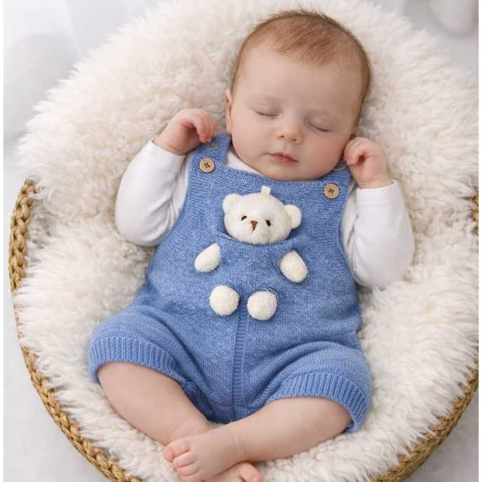 Jardineira Tricot Unissex Romper Ursinho Macacão Curto Alças Largas Botões Madeira Regulagem em Oferta na Shopee