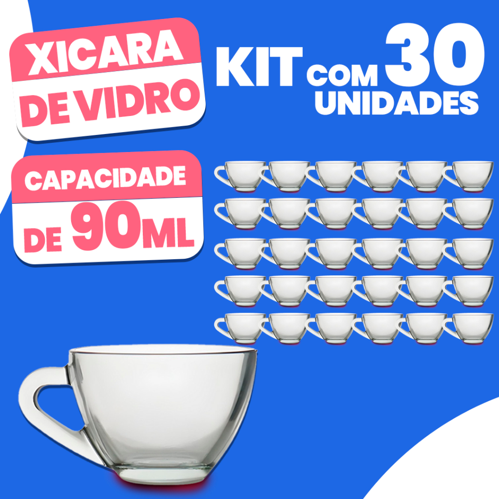Kit 30 Xícaras de Vidro para Café Chá Leite 90ML Premium Resistente Conjunto Bebida Qualidade