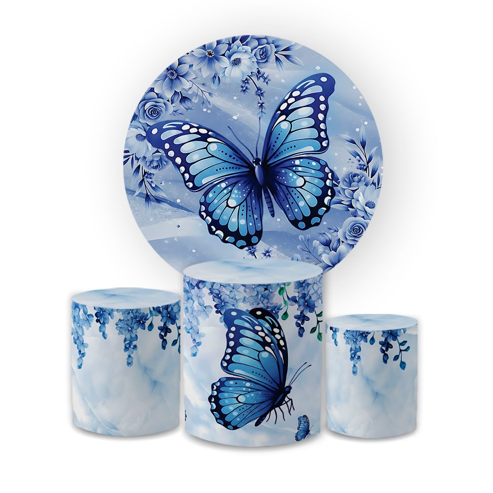 Kit de Capas Decorativas com Estampa de Borboleta Realista em Tons de Azul e Fundo Marmorizado para Festas