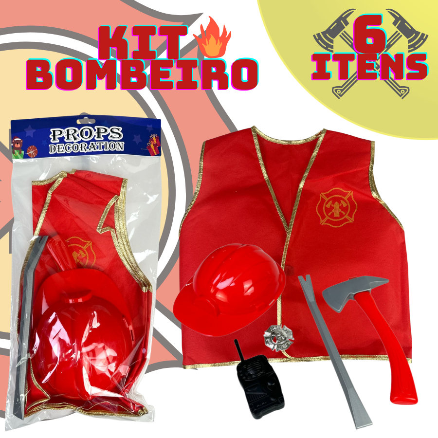 Kit Bombeiro Fantasia Infantil Brinquedo Capacete Colete Machadinha 6 Itens