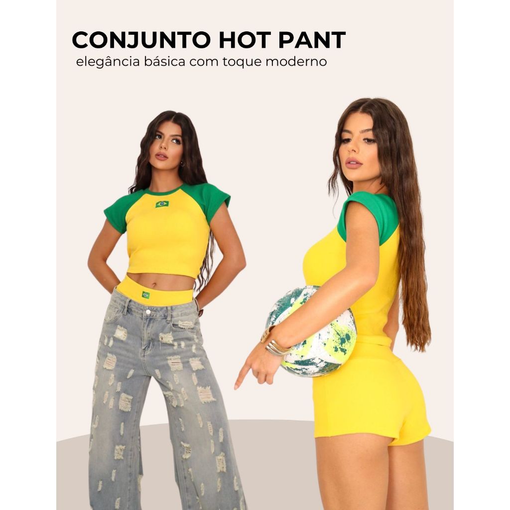 Conjunto Hot Pant Brasil Feminino Ribana Canelado Estilo Blogueira Moderno Confortavel estilosa em Oferta na Shopee