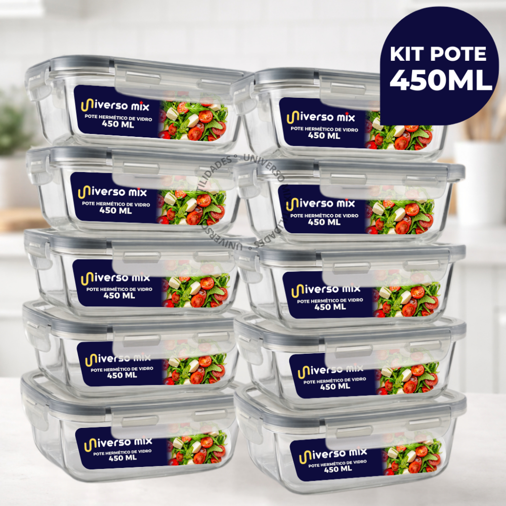 Imagem Kit 10 ou 5 Potes Vidro Hermético 450ml Retangular Mantimentos Marmita Premium