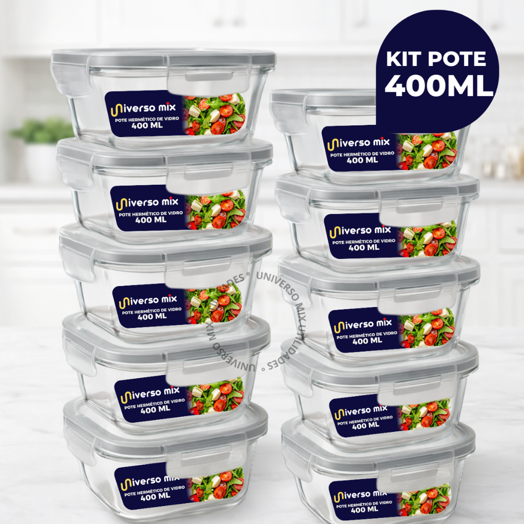 Kit 10 ou 5 Potes Vidro Hermético 400ml Quadrado Marmita Fitness