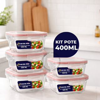 Kit 5 ou 10 Potes Vidro Hermético 400ml Quadrado Marmita Fitness em Oferta na Shopee