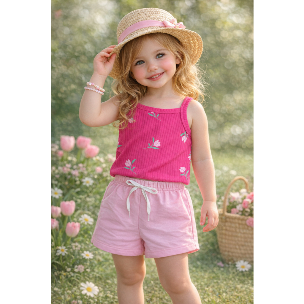Conjunto Infantil Verão Blusa Canelada de Alça com Estampa Florzinha e Bermuda Moletinho