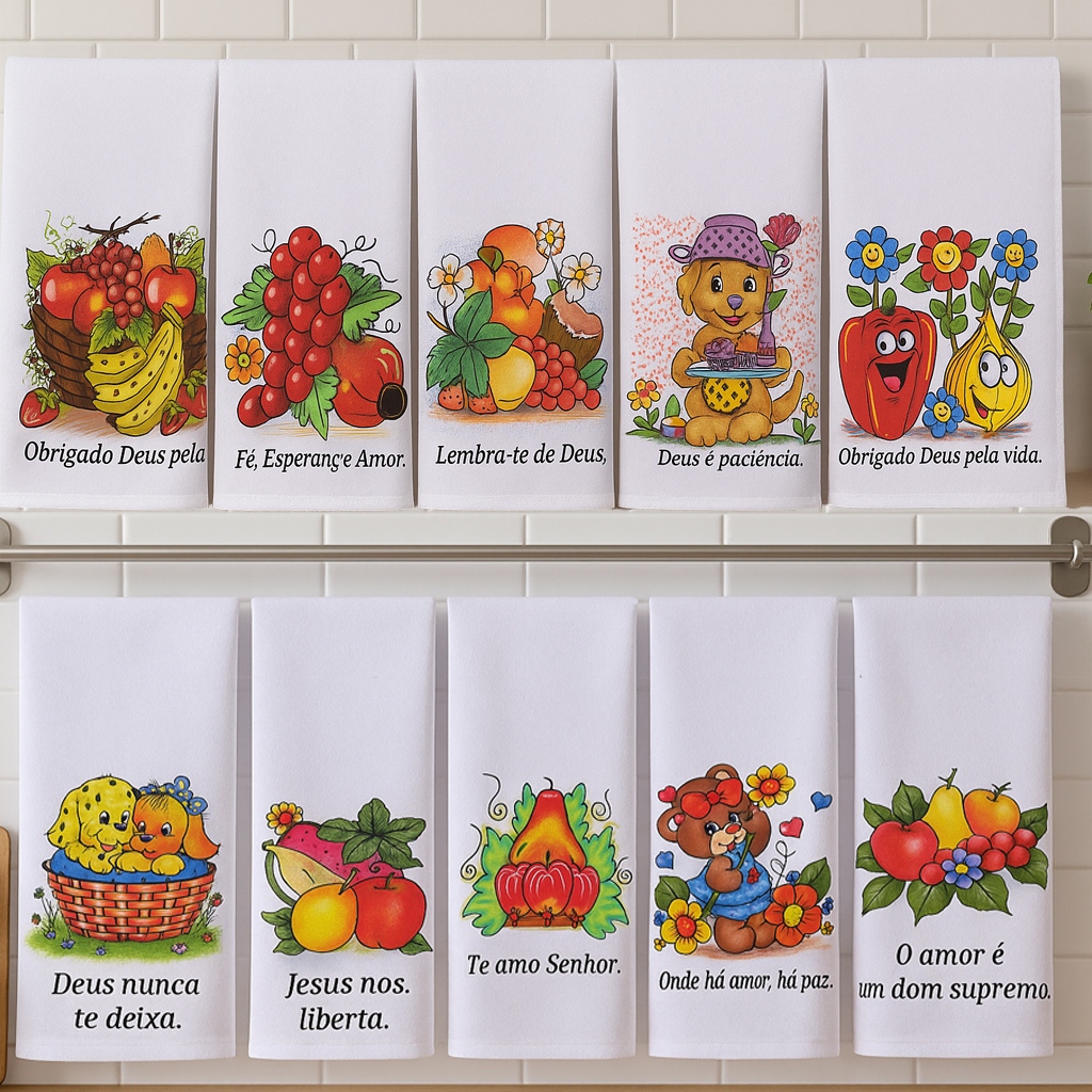 Kit 10 Pano De Prato Grande Estampado 45X75Cm Cozinha Enxugar Prato Estampado Kit 10 Unidades