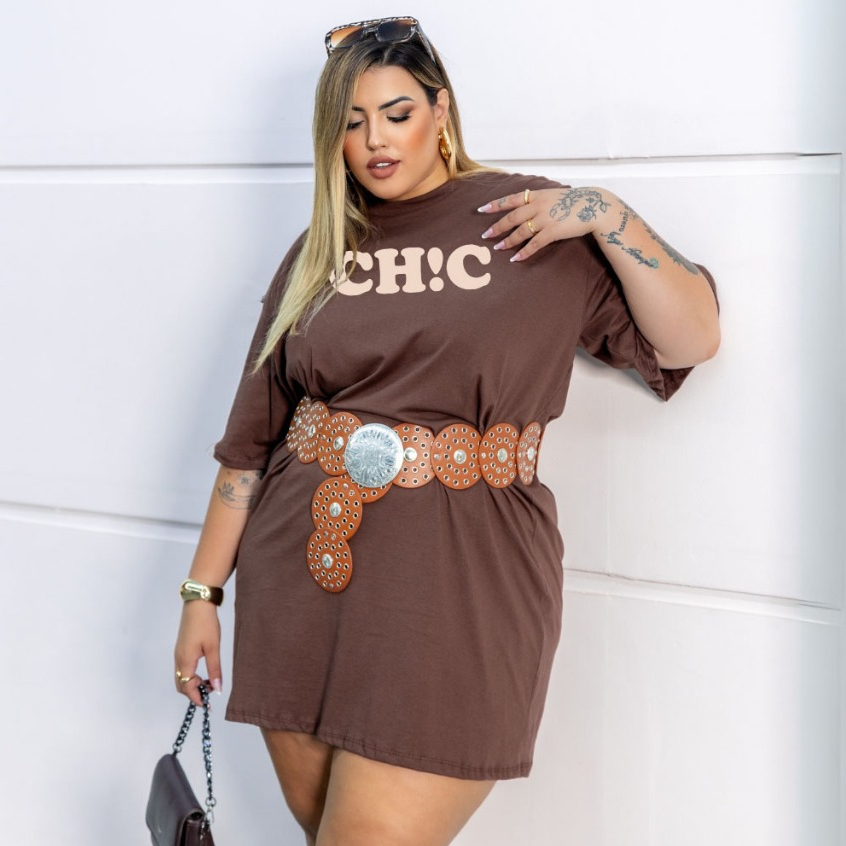 Vestido Camiseta Plus Size T-Shirt Oversized Camisetão Manga Curta Gola Redonda Estampada