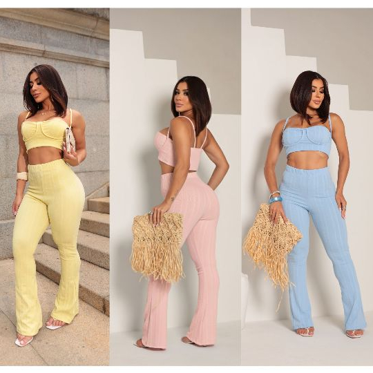 Conjunto feminino pantalona e top-Tecido Ribana Prime.