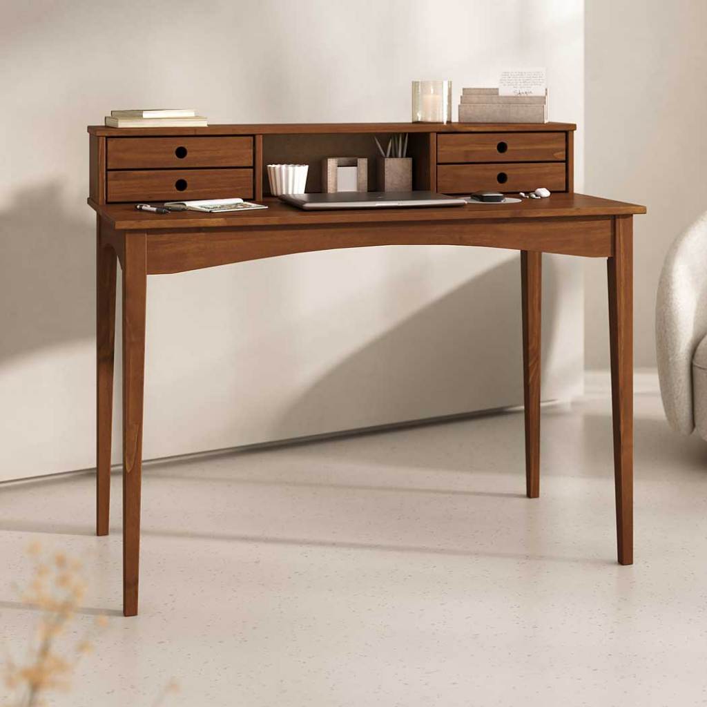 Mesa Escrivaninha Retro Madeira 4 Gavetas 1 Nicho Milano Castanho em Oferta na Shopee