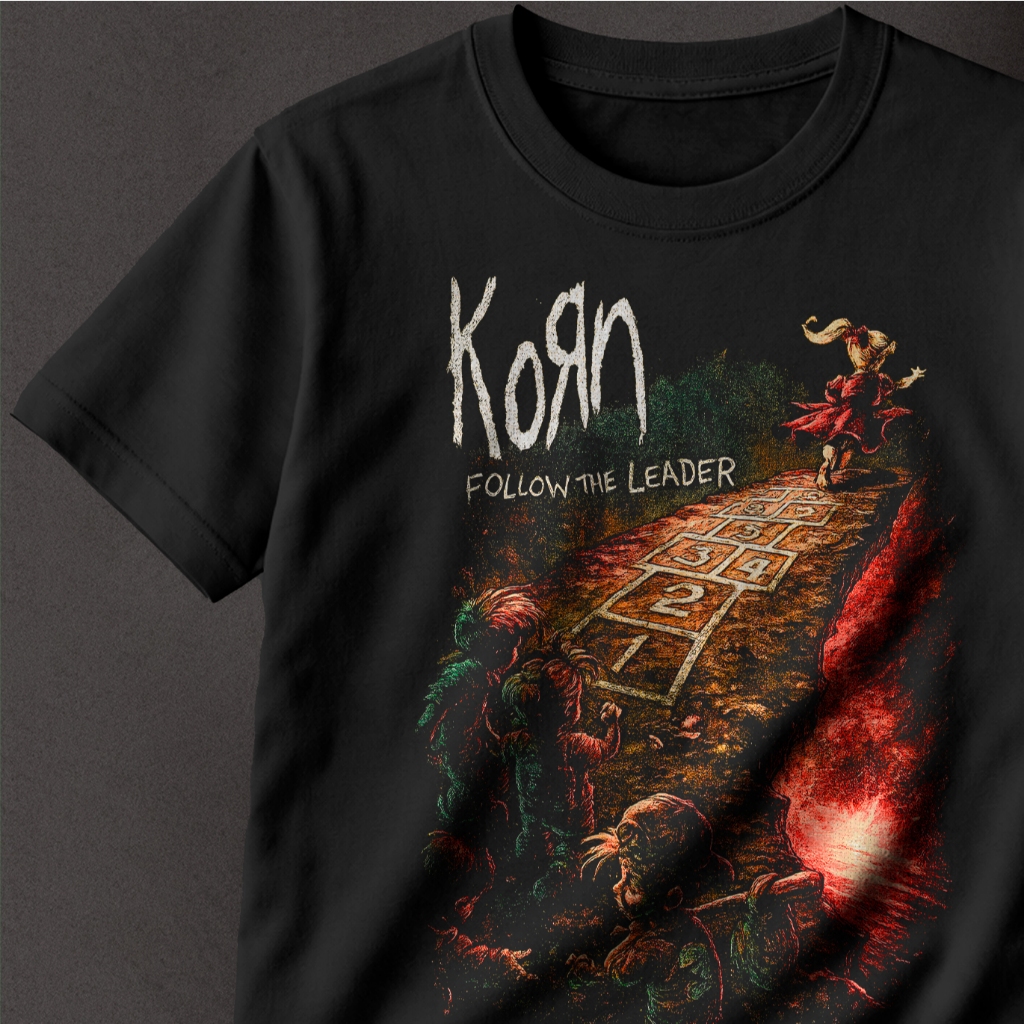 Camiseta Rock Preta de algodão com estampa do álbum "Follow The Leader" da banda Korn 78