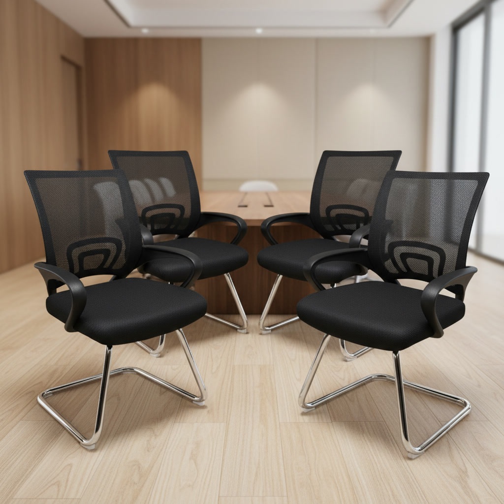 Conjunto 4 Cadeiras Escritório Pés Fixos Mesa Reunião Atendimento Cliente Fixa Assento Estofado Encosto Tela Mesh