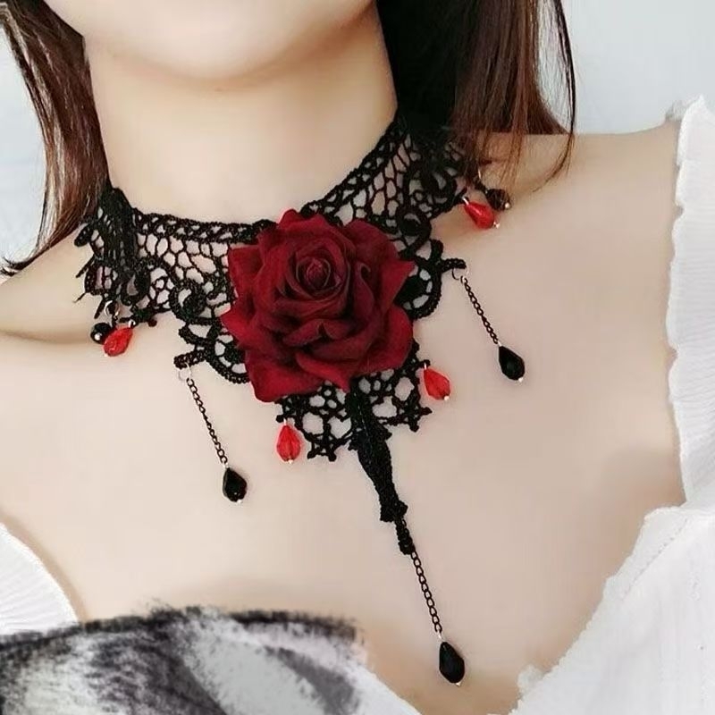 Colar Gargantilha Renda Flor Vermelha Vintage Festa Acessorio de pombagira em Oferta na Shopee