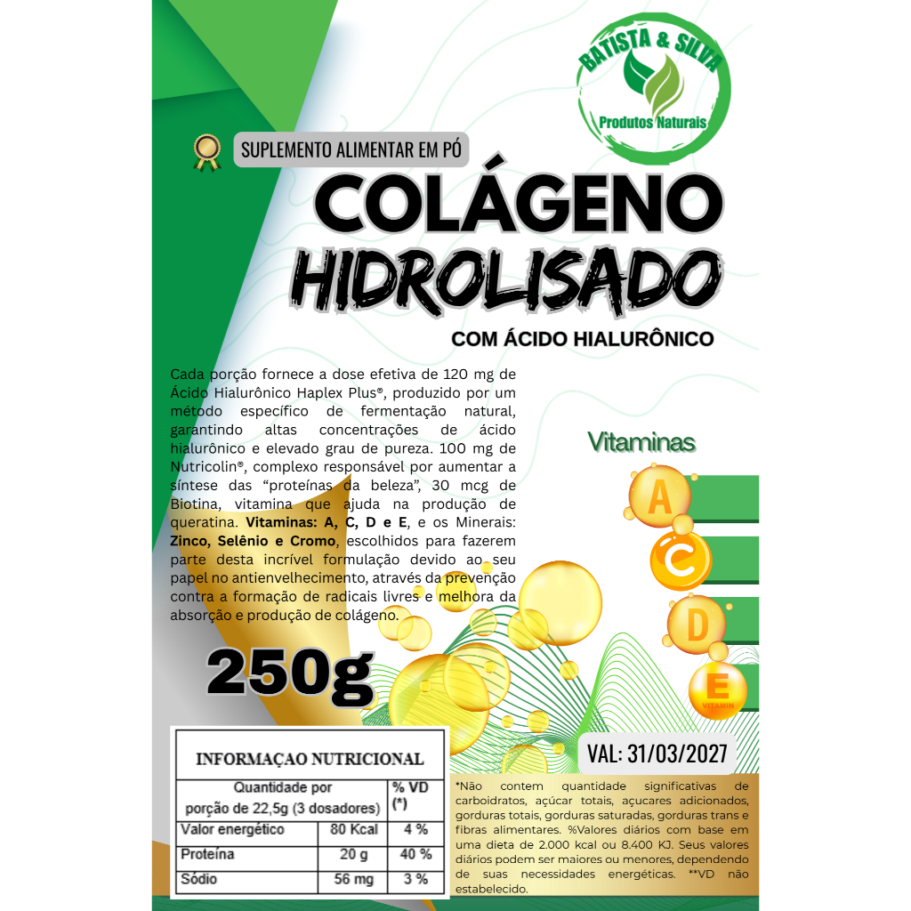 Colágeno Hidrolisado 250g - Rico em Vitaminas A, C, D, E