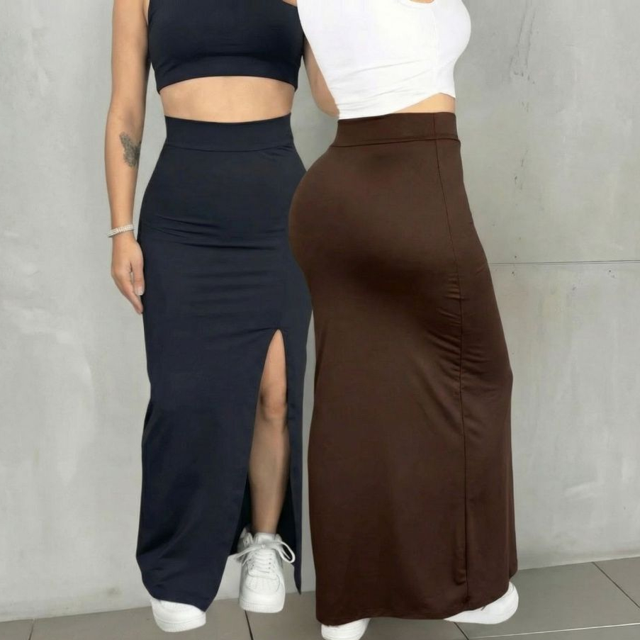 Saia Longa Feminina Fenda Suplex Longuete Modinha Verão Blogueira Moda Gringa em Oferta na Shopee
