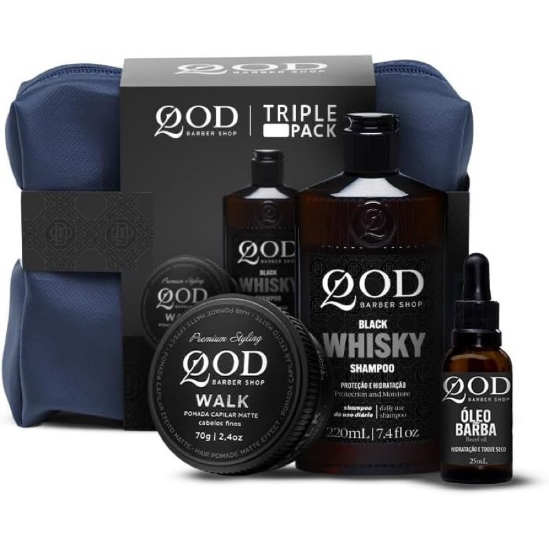Kit QOD Barber Shop Triple Pack - Pomada Capilar + Shampoo Whisky + Óleo Hidratante Para Barba