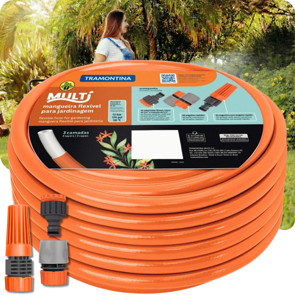 Mangueira de jardim Tramontina Multi 3 Camadas Com Kit Esguicho Laranja 25 metros