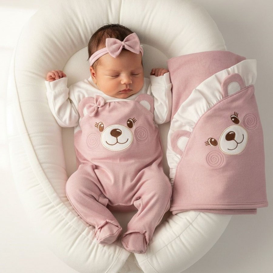 Saida de Maternidade Bebê Menina Kids Ursinha Jade Rosê Malha Algodão Tam P em Oferta na Shopee