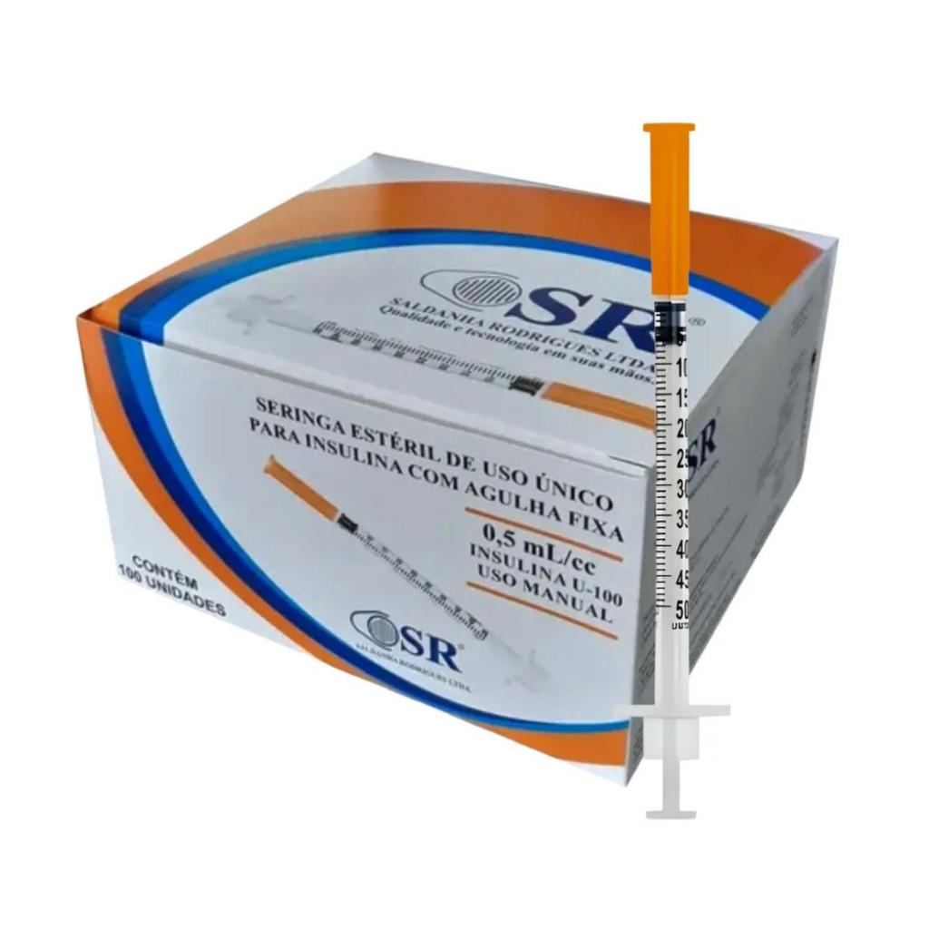 Seringa Insulina Sr 0.5ml 6 x 0.25mm  31G  Agulha Fixa 100 Unidade Capacidade 0.5 mL