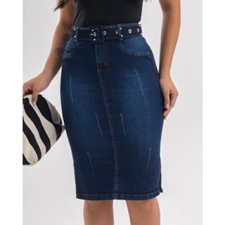Saia Jeans com Lycra e Cinto Removível de Pérolas | Moda Cristã 7PALLAS em Oferta na Shopee