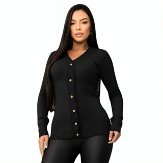 Casaco Liso Botões casaquinho Básico Elastano Blusa de frio Trico em Oferta na Shopee