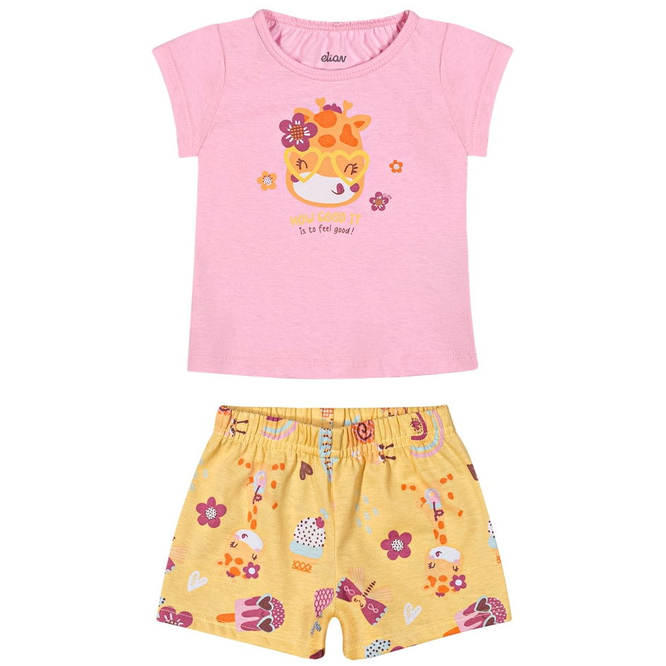 Conjunto Infantil Menina Elian Blusa E Short Verão Malha Fresca 1 2 3 Anos