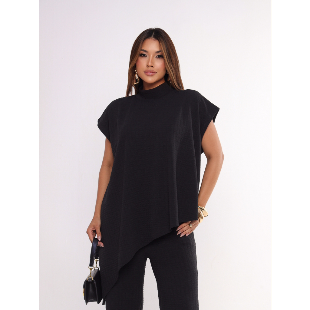 Conjunto Feminino Social Elegante Calça Pantalona Blusa Assimétrica Moderna