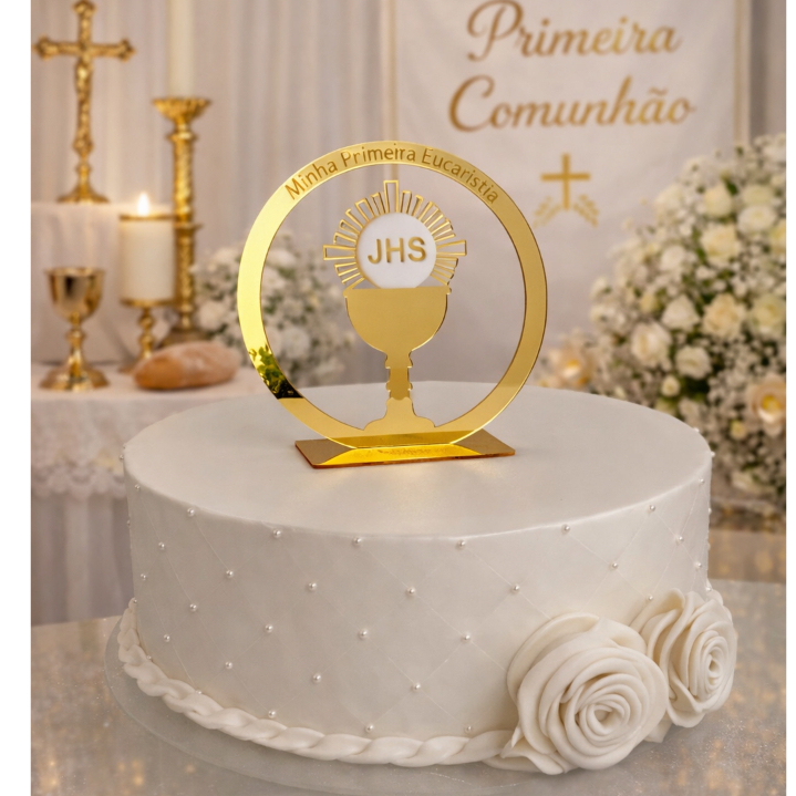 Topo de Bolo Primeira Eucaristia/Comunhão de Luxo com Cálice em Acrílico 15cm