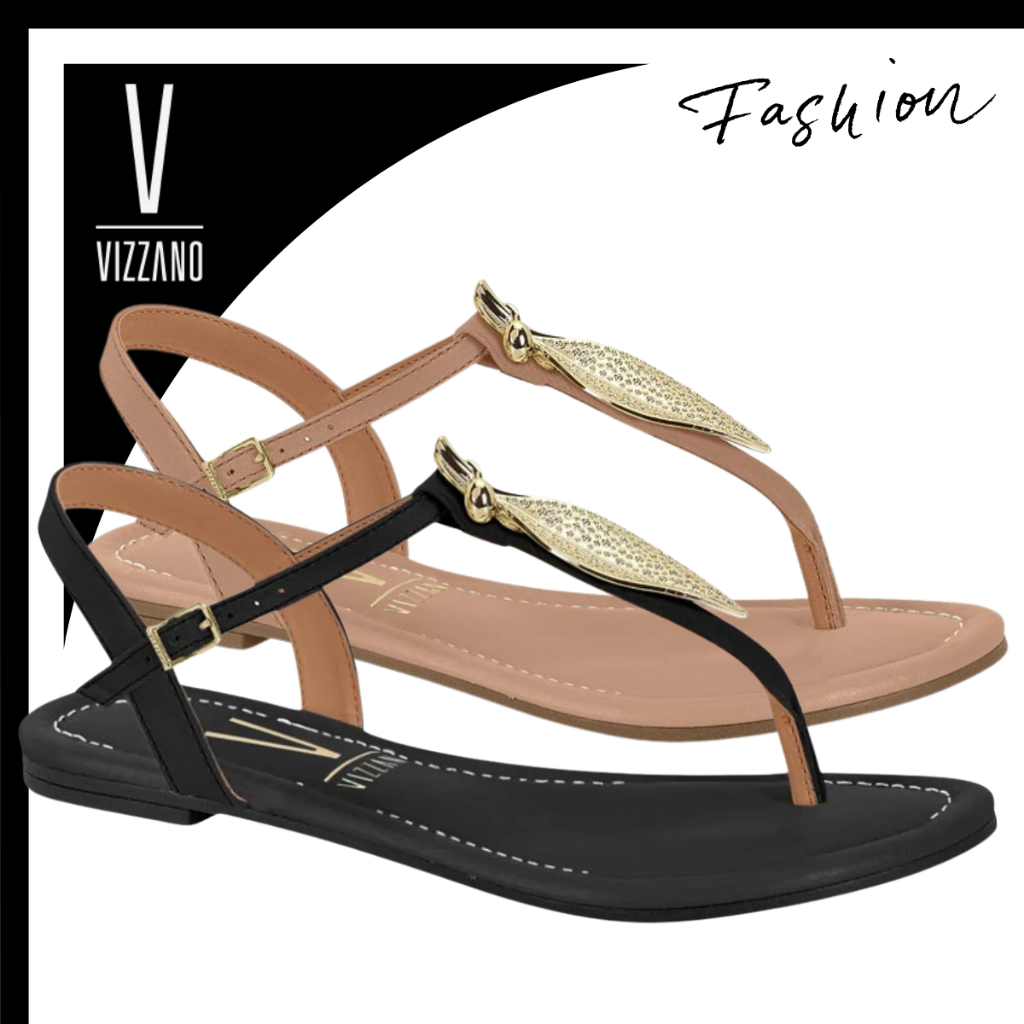 Sandália Rasteira Feminina Vizzano Casual Detalhe Metalizado Folha Fivela Confortável Leve Original